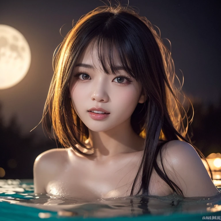 Crystal clear water, Waveless water surface, The Starry sky before night, horizon, beautiful woman, Perfect Face, Glamorous body, Translucent Sexy Bikini, See-through erect nipples, (((Floating on the water:1.1))), landscape, Nice views, The moon reflects on the water surface, Medium Bob Hair, Straight bangs, shiny skins, Highlights in the eyes, natural lighting, soft smiling, (wide angle), Gradient Color,