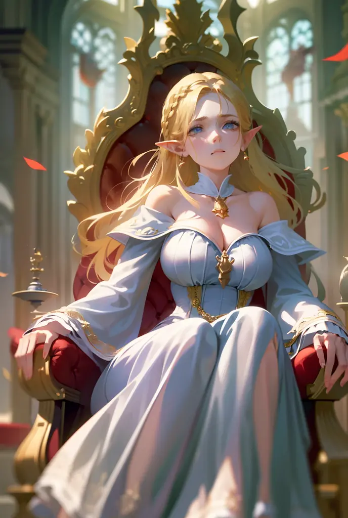 a beautiful blonde woman with elf ears and freckles, detailed face, detailed eyes, detailed lips, beautiful jeweled necklace, detailed and sensual body, large breasts, hourglass waist, Elf princess sitting on the throne, fantasy character, super detailed, highly detailed, photorealistic, 8k, intricate details, cinematic lighting, dramatic lighting, warm color tones, magical, ethereal