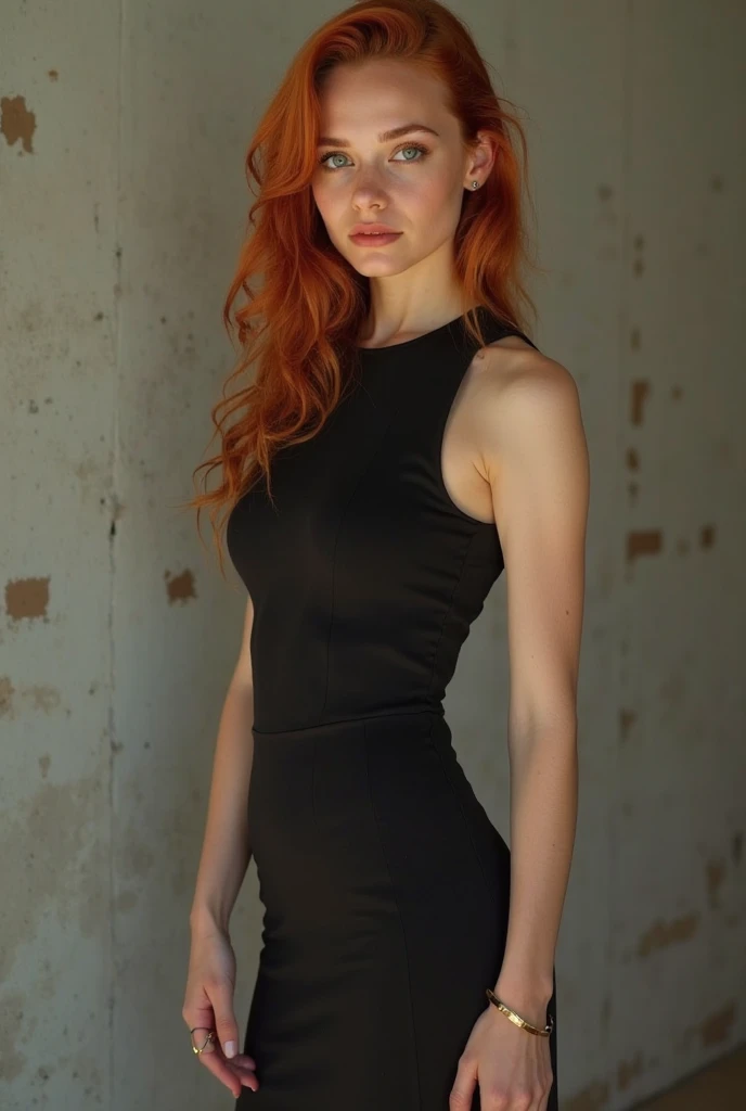 selfie, 1girl in, 19, Solo, Aesthetic artwork, irish redhead, wavy ginger hair, shoulder length ginger hair, (gray eyes), light grey eyes, some small freckles, pale skin, A-cup, small breasts, runners body, detailed skin texture, (extremely detailed 8k wallpaper), soft lighting, high quality, film grain, Fujifilm XT3 sharp focus, f 5.6, 50mm, High Detail, Sharp focus,(natural light), (wearing a black cocktail dress), black cocktail dress, (black cocktail dress), crazy details, complex details, hyper detailed, breast 36B size, topless