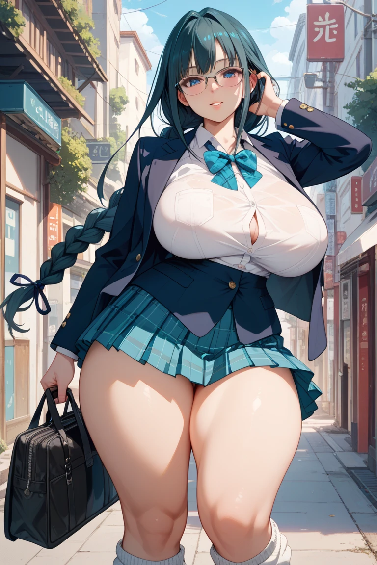 Highest quality,Ultra-high resolution,One girl,alone,Cowboy Shot，snow,city,, Blue Hair,Green Eyes,ＪＫ,,mini skirt，Pleated skirt，Very exquisite white panties，Plump thighs，from below，The private parts are completely loose