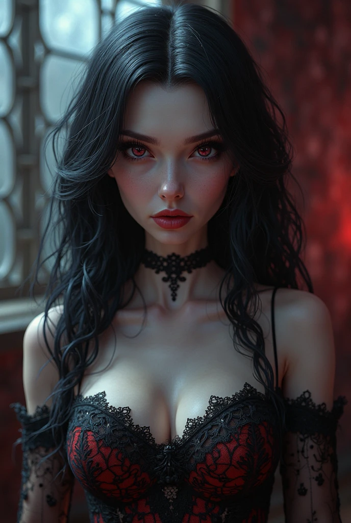 pencil drawing, self-portrait, cute beautiful pretty vampire woman, silky black hair, gold eyes, (attractive and seductive) and (amorous and lewd) expression, wearing red lace gothic dress, shading, shadows, contrast, conceptual installation art, 2.5D, delicate and dynamic effects, iridescent effects, artistic, hyper, graphic CG digital art, (illustration)-style and big ass