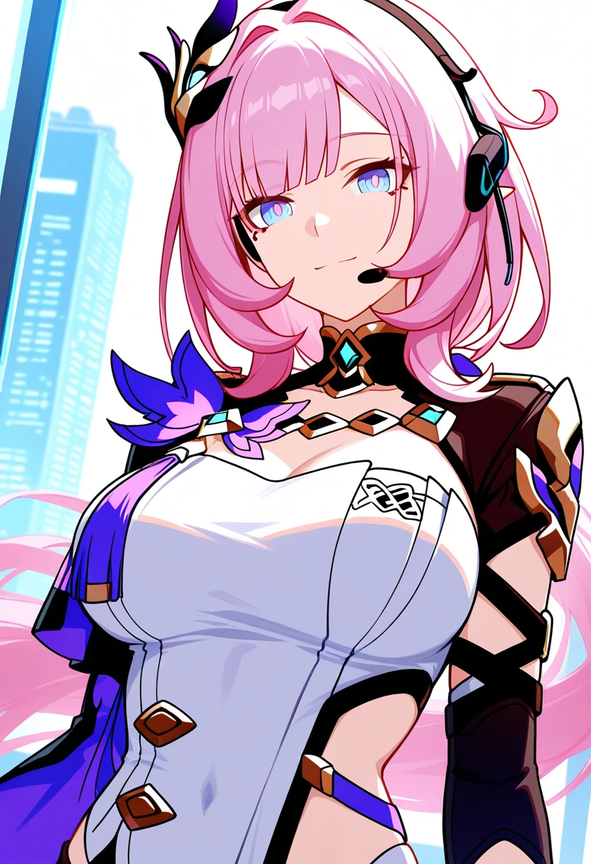 ８k、４k、hiquality、Beautuful Women、１８age、perfect bodies、Sexy clothes、rainbow hair, length hair , A pink-haired、, Mole under the eyes, Heart-shaped pupil, Cat Ear Headphones, Smiling、Pose like a model、Fantastic background、Futuristic clothing、cyberpunked、amorous、Lustrous、overlooking the cityscape、FF