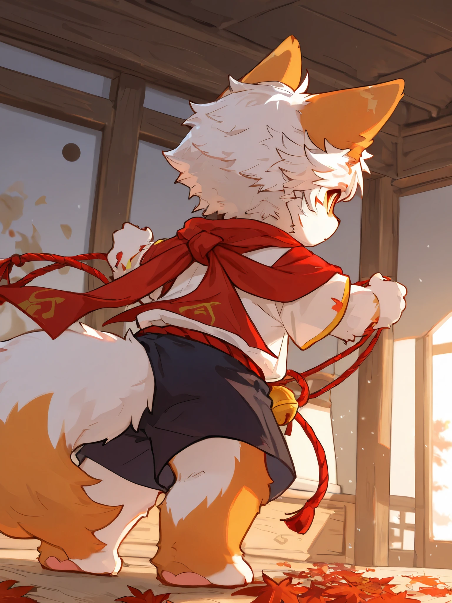 Solo, male, standing with boner, pulling, by bigcozyorca, by goonie-san, by bebebebebe, by spikedmauler, facing viewer, tyrannosaurus hybrid, fluffy ears, bushy tail, buff, shrine robes, pulling loincloth down, showing off bulge, showing off, japanese temple background, open mouth, detailed mouth, tongue hanging out, drooling, smirking, eductive smile, lustful grin, bulge, bulging, hard bulge, adjusting hard bulge, adjusting bulge, adjusting crotch, masterbating, jacking off, touching dick, big erect cock
