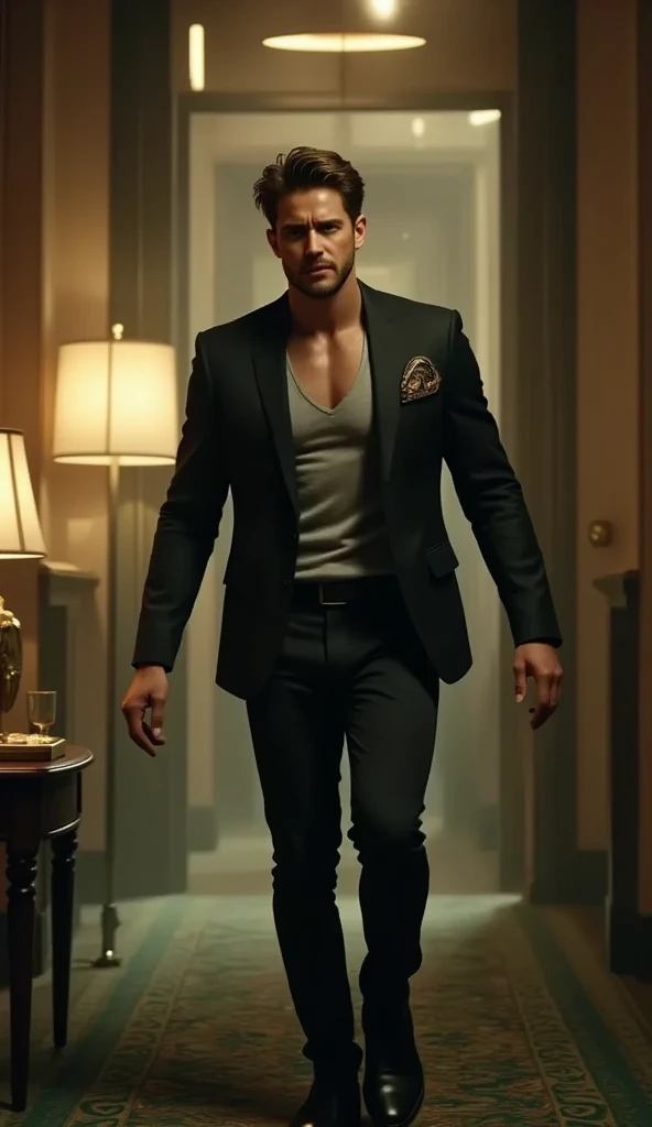 Masterpiece、Highest quality、Super fine、Fine、High resolution、Perfect dynamic composition、Detailed muscles、Abdominal muscles、Pectoral muscle、Realistic、Hunter on the run、sunglasses、Naked and in a black suit、Chase scene in &quot;Run for Money&quot;、Backgrounds that could be used in the Escape