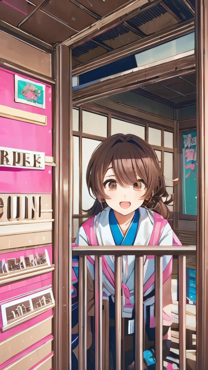 {{{masterpiece}}}, (best quality:1.5), {{very delicate and beautiful}}, Full body girl, very beautiful anime face, (1 girl to improve Sa, solo, cute face, smile, and open the mouth, (beautifully detailed eyes:1.6), on BREAK Day, (brown eyes:1.5), Hair, long hair, Hairのポニーテール, Brown hair ponytail, brown hair, hair between eyebrows, bungs, red mesh hair, Inside a blue and pink cyberpunk buildingにある黄色く光る未来的な服), (Inside a blue and pink cyberpunk building)