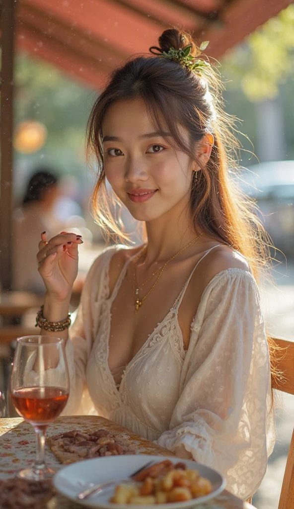(colored picture), Photo realistic of beautiful asian、slender abs, (Highlight Haircutreast A Cup:1.2), small breast, round shape breast, perfect shape breast,(( )),She is wearing a soft white sweater relaxed neckline that casually ((drapes off one shoulder)), exposing slender shoulders with black bra trap, highlighted by the rays of light creating a radiant effect on her skin. , mid-shot , light rays, warm atmosphere , light through hair