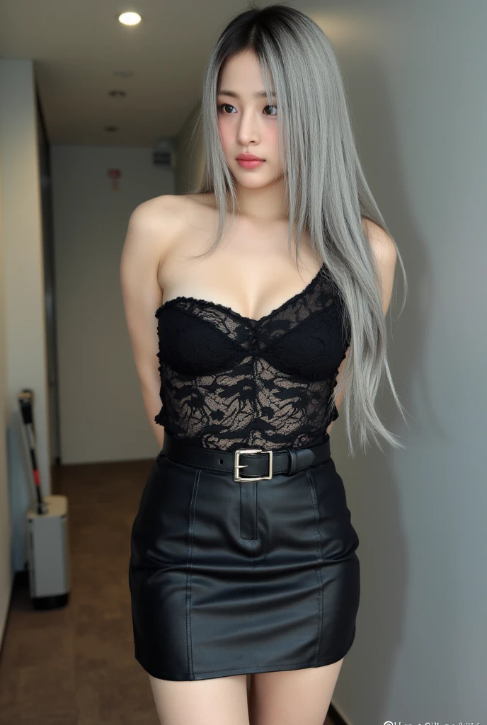 (Girl Standing In Office Changing Room)、((posterior view)), Silver hair, Bangs, Blunt bangs, Long straight hair, (side poneyTail)aqua eyes, longeyelashes, Solid Circle Eyes, makeup, Open mouth, blush, Parted lips, Bright pupils, smiley, Seductive smile, glint, surrealism, Modern,Career Woman、)(Black Sexy Lingerie)、Black pantyhose、high-heels、
