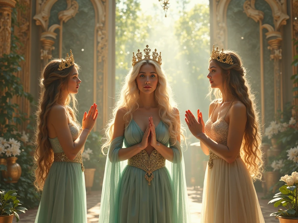 (masterpiece, best quality:1.5), highest quality, High resolution, super detailed, Realists, Upper body photo of a blonde sorceress, detailed and beautiful eyes, beautiful detailed lips, very detailed eyes and face, longeyelashes, shiny satin dress, Holding a magic wand in your hand and performing a transformation spell, Magic wands present and shining, Beautiful and colorful makeup, elegant and noble々The jewelry bag, Gardens as background, soft daylight, bright colors, fine brushstrokes, Portrait style, Silk dress fabric, beautiful color palette, glowing skin, First-class rendering, that captures every detail, enchanting atmosphere, subtle shadows and lights, (perfect anatomy:1.2), (The two breathtaking sorceresses transform birds into jewelry (a transformation with a magic wand:1.4), (magnificent panorama view:1.2)