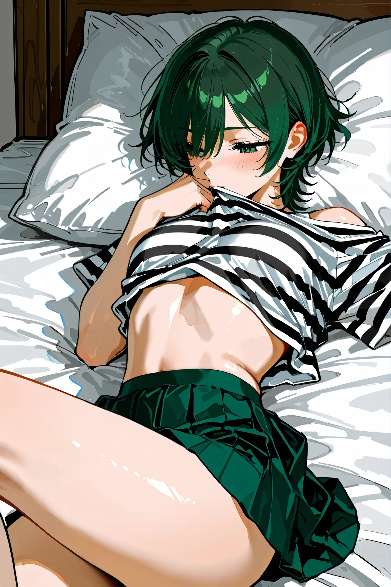Amazing portrait of a sexy and woman wearing a black and white striped t shirt and a dark green skirt kissing and making out passionately with a shirtless boy on the bed in an intimate setting