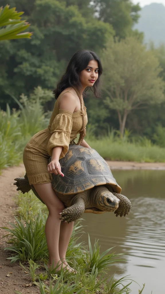 Half body with a turtle on her back,pretty girl, grass background