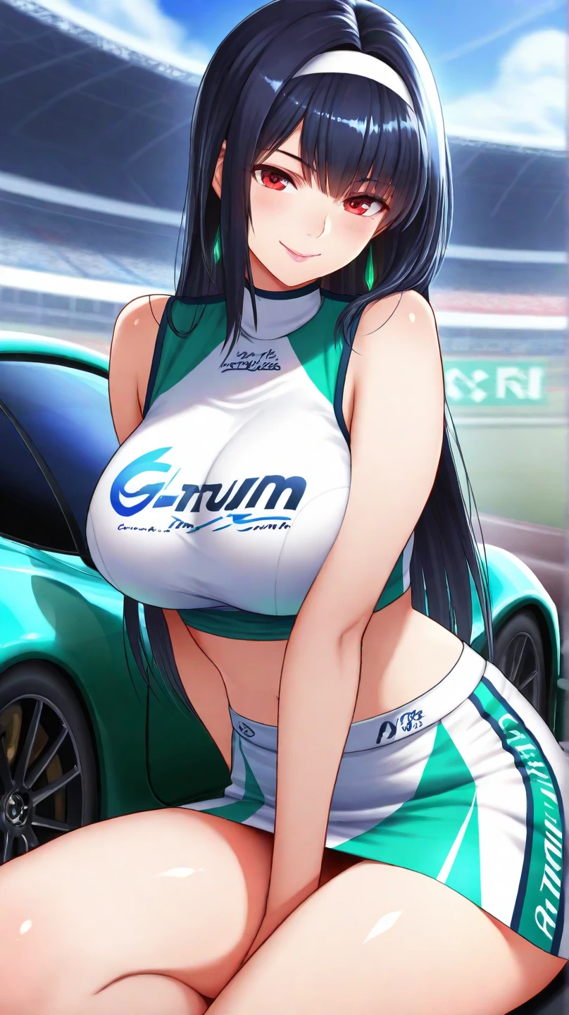 A cute girl with long black hair, iridescent gold-blue streaks in her hair, large iridescent blue-green eyes, wearing a loose black tanktop and black skirt, sitting in the drivers seat of a truck in space, space background, stars background, , young, large breasts, medium breasts, tight shirt, smile, horny, happy, hair shine, shiney hair