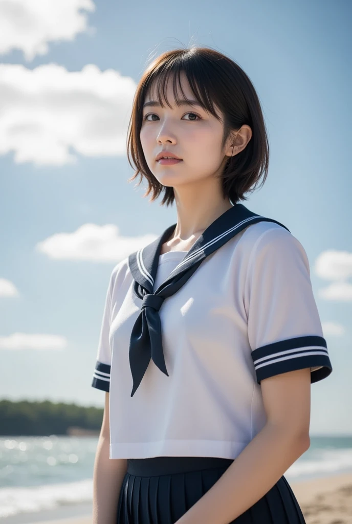 1Adultwomen,beach,mediumbluehear,tie hair back,Whole body,Sleeveless,walking,(AnimeStyle),BigEye,Fluttering in the wind