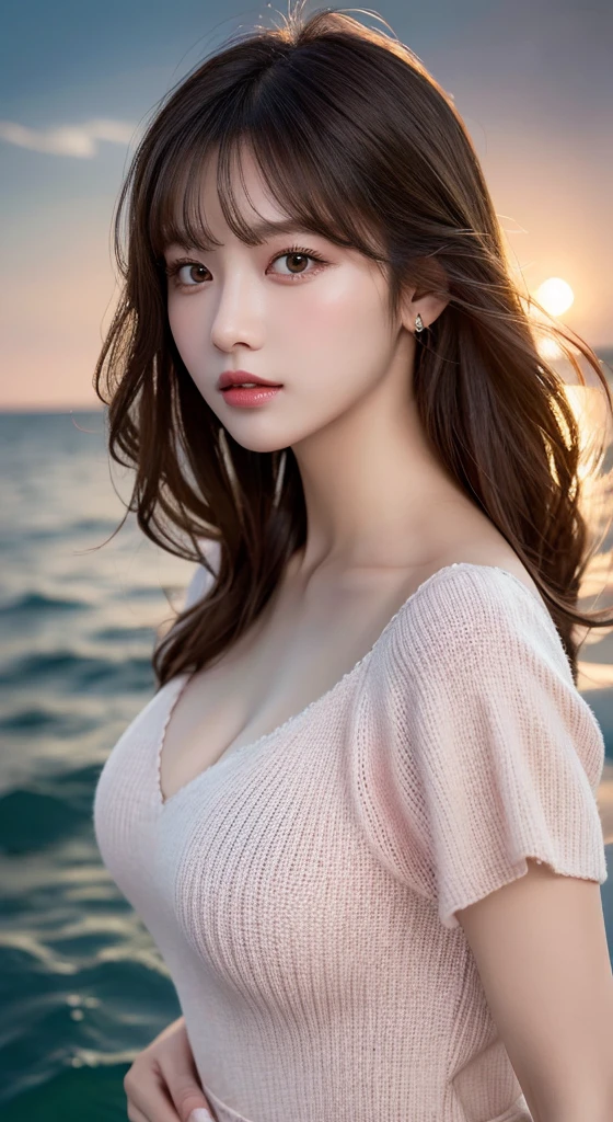 wearing a pink chiffon sweater，Natural makeup，A humid sea breeze blows，Touching the golden light of dusk，bustshot, Colossal tits,Hanging，Emphasize cleavage, sexy for