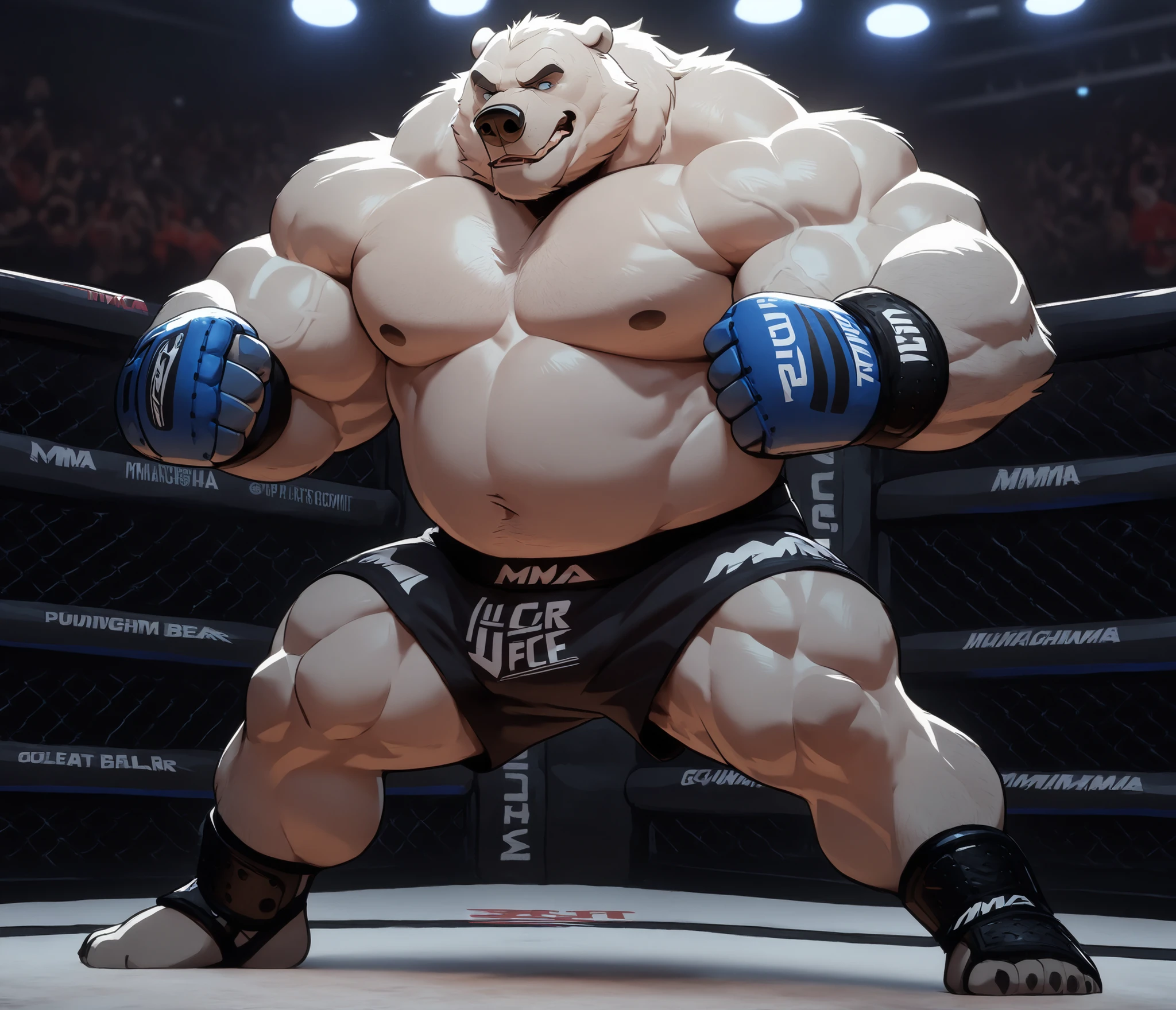 huge muscular polar bear in MMA UFC Tournament, big hulking brute, grunting smirk, polar bear, huge white fur, thick arm, huge arm, added thick colored gray mustache and beard, short white hair, (veiny muscular, broad pectoral, wide pectoral, thick arms thick neck), caged ring, lights, Disney, 2D, 8k, masterpiece, gray eyebrows added, deatiled eyes with blue pupils, (wearing black MMA with blue striped slits, MMA gloves with blue knuckle pads, shirtless, topless, half naked and ankle support braces), stances