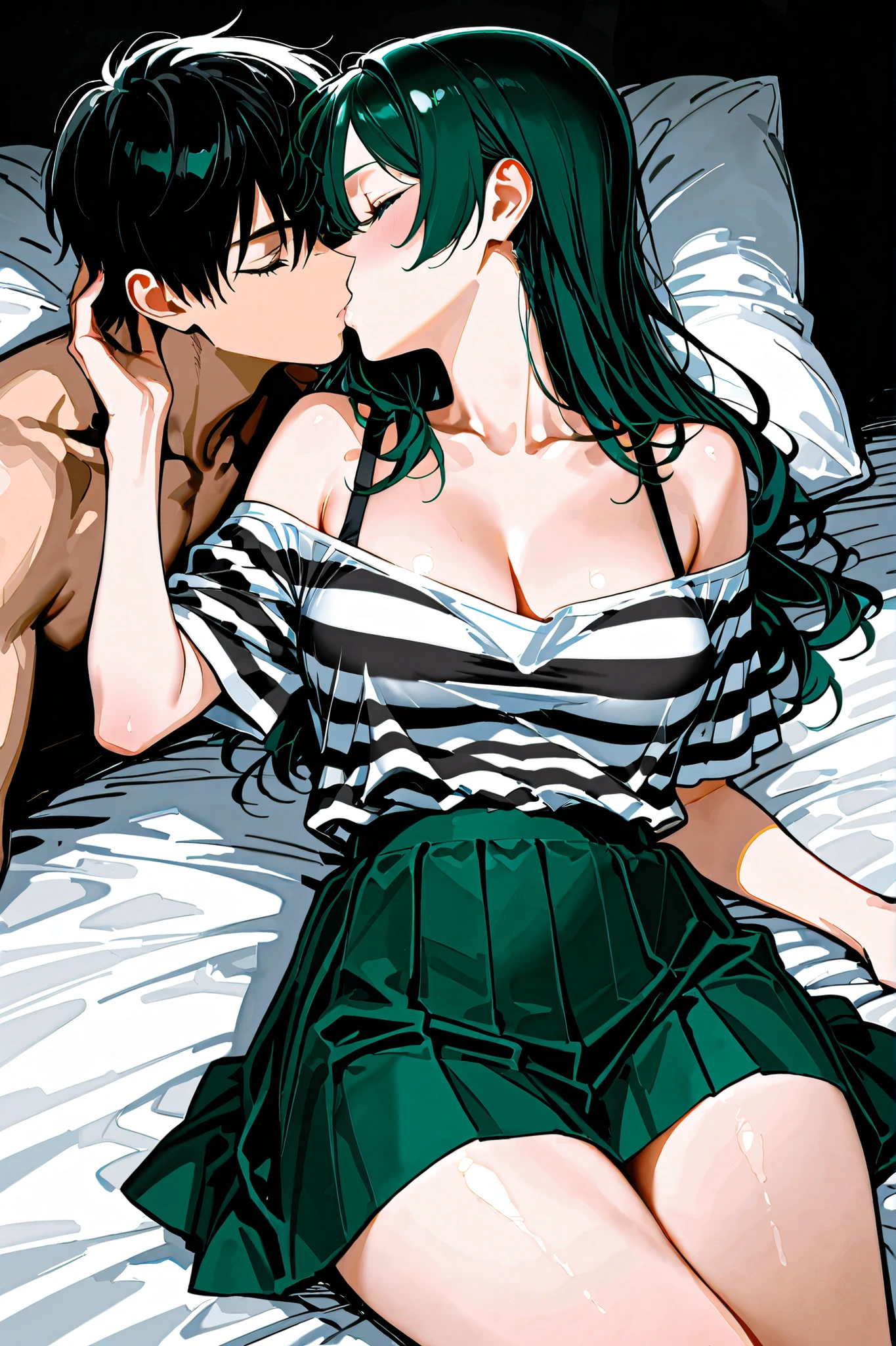 Amazing portrait of a sexy and woman wearing a black and white striped t shirt and a dark green skirt kissing and making out passionately with a shirtless boy on the bed in an intimate setting