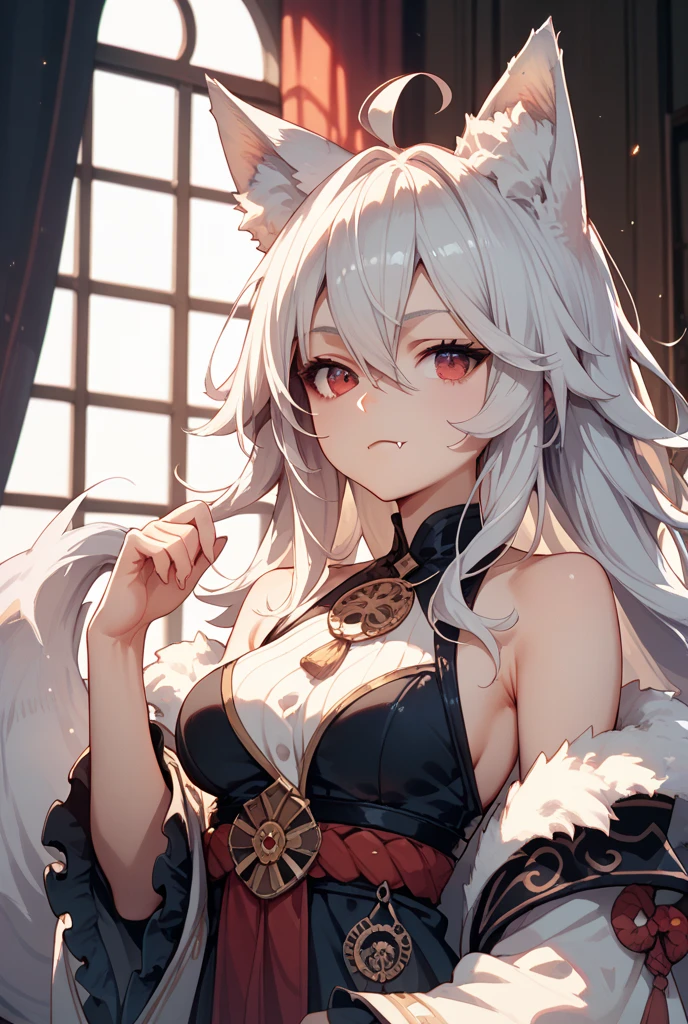 Snow-white haired fox-eared girl,The is very detailed,ssmile,Keep one's mouth shut,looking toward the viewer,On your stomach,Be red in the face,smallunderboob