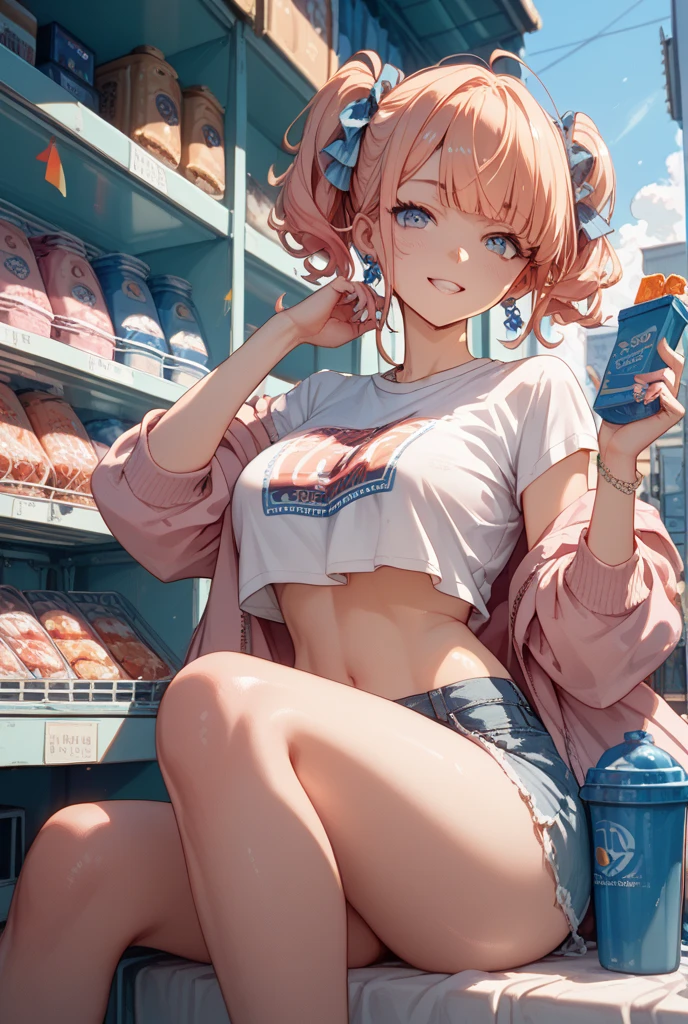 nsfw, masterpiece, 1 girl, erect nipples, intricately detailed, topless, navel, denim hotpants, kfc, bare shoulders, necklace, interior, dj, headset, baseball cap, citypop, erect nipples, puffy nipples, extremely detailed, photorealistic, octane render, 8 k, unreal engine, bare breasts, nipples, bare stomach, sweaty, people on background, moist breath, small breasts, flat chests, child, smiling, leaning forward, collarbone, wet body, pink hair, ray of lights, nipple-piercing, fast food counter, nipple chain