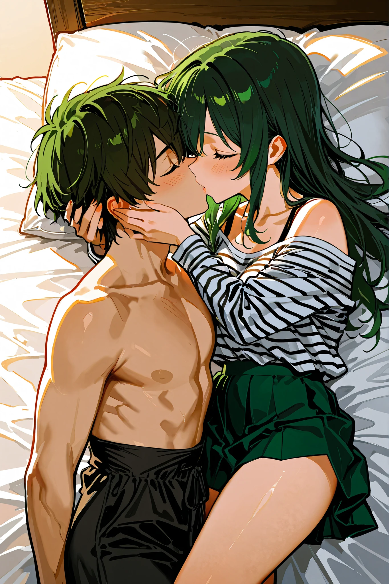 Amazing portrait of a sexy and woman wearing a black and white striped t shirt and a dark green skirt kissing and making out passionately with a shirtless boy on the bed in an intimate setting