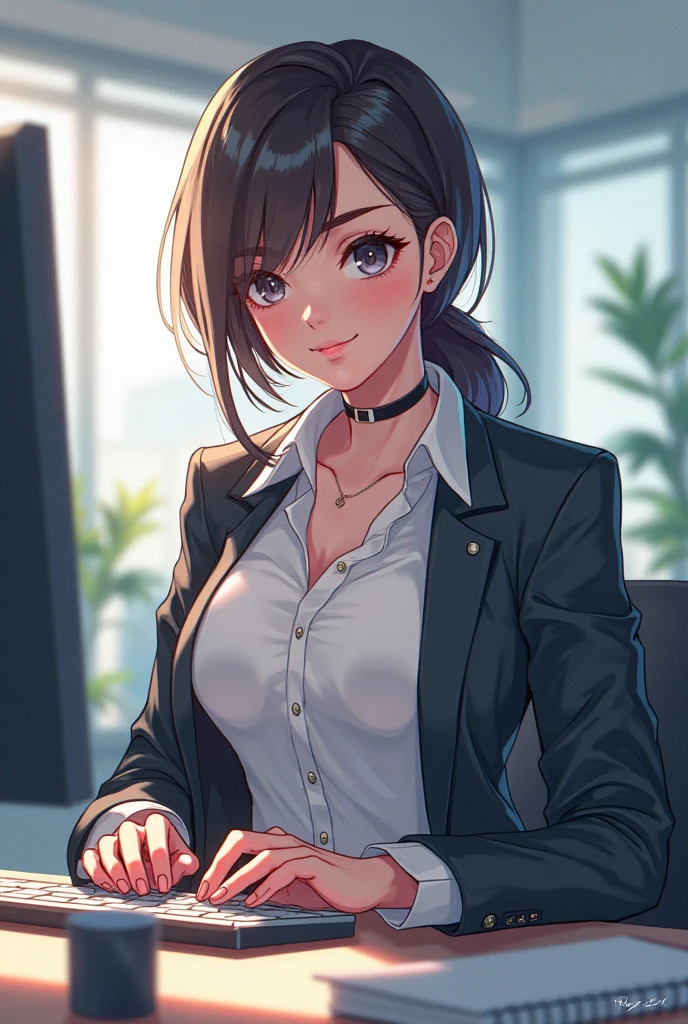 Masterpiece, beautiful, AS-Adult:1.3, syanna, solo, short black hair, makeup, beauty mark, blue eyes, furrowed brow, pocky in mouth, office lady, collared shirt, cleavage, sitting at desk, perfect hands, <lora:Degen-Syanna:0.8>  <lora:concept_pockyinmouth-10:1> <lora:lora_office_3:0.8>  <lora:GoodHands-beta2:0.8>