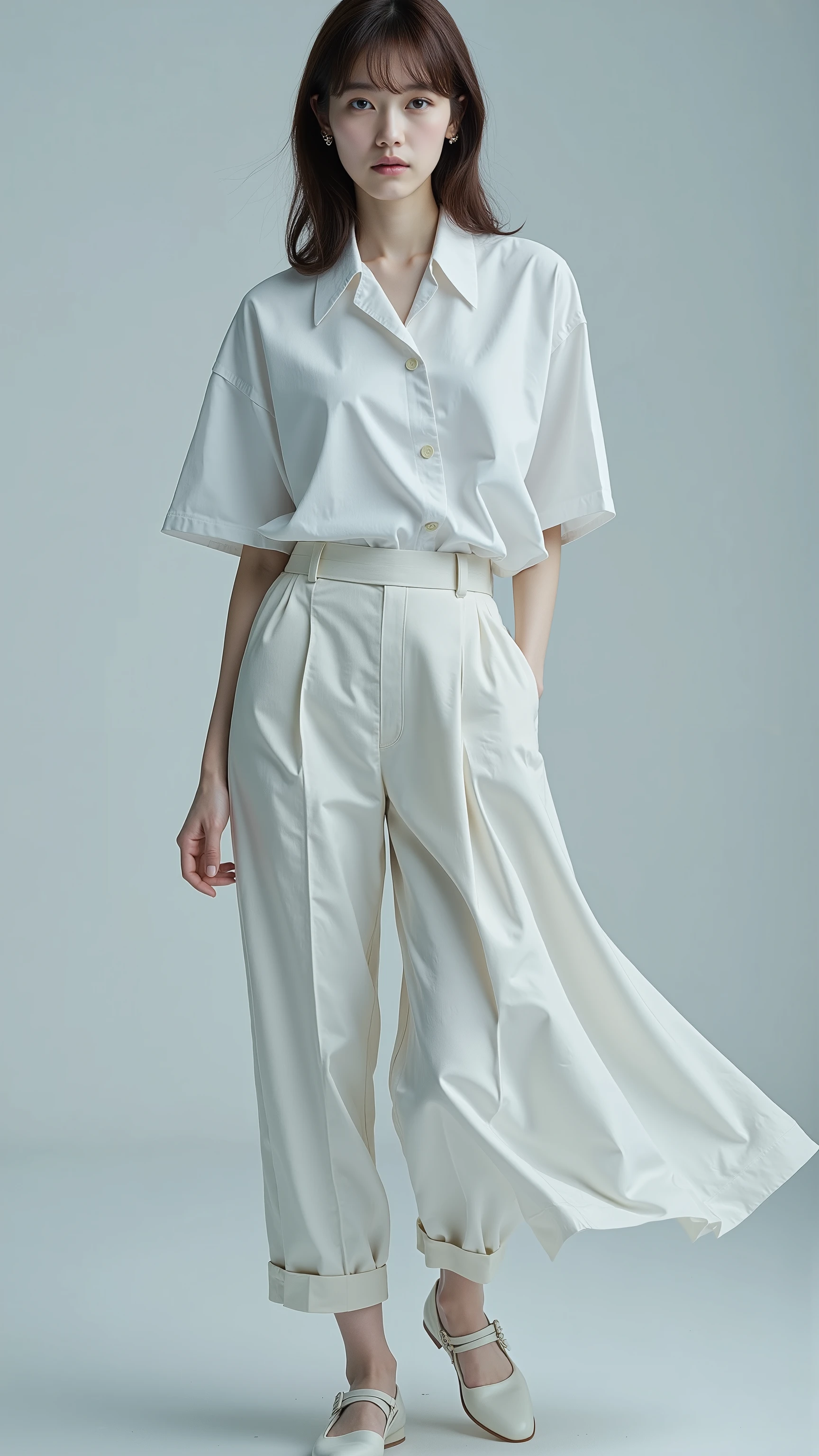 near future、企業や研究機関でintellectualな仕事に従事する女性のための服装コーディネート。 keywords 「intellectual」「Sophistication」「 biotechnology 」「neutral color」。finish that brings out the transparency of the skin、is light gray、color for collar and cuffs、beige、sustainable material、pale blue or lilac as accents。makeup is natural,、designs that look beautiful yet don't feel tight。Styles that make you feel、微細な biotechnology を感じさせるパターンや加工が施されているかもしれない。style that gives an intellectual impression、Add one item of high-quality materials or designs。silhouette is semi-fitted,、intellectualな印象を与えるスタイル。based on off-white、accessories are modest yet。 as a whole 、 intelligence and dignity 、and hope for the future。
composition:下からのcomposition。Full body,beautiful thighs and footwear,Neon Half-Emitter Accessories and Devices
