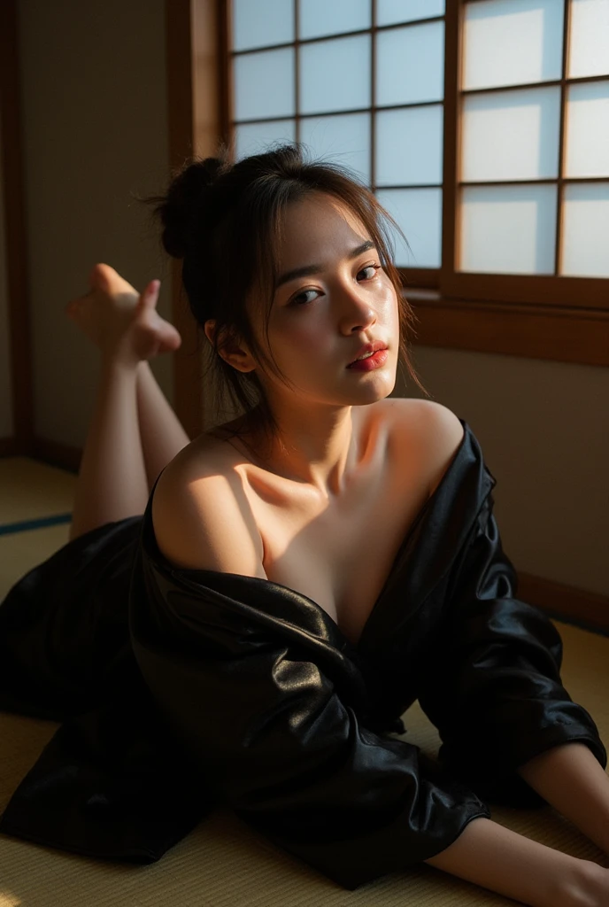 The back view of a beautiful woman in her 40s lying down in a Japanese yukata、Fair skin、Disheveled yukata、Sweating profusely、Pure white skin、Spread your legs、tall、profile、An almost see-through white yukata、On the tatami、Japanese-style room at night、blush、Half-open eyes、Half-open mouth、Long black hair、Blank Stare、The soft orange light of the lantern、M-shaped legs、