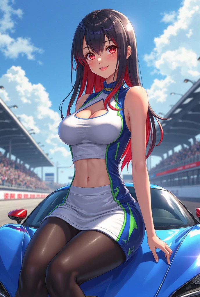 1 female,black hair,18-year-old,(((Shiny race queen uniform)))(((blush、open mouth smile)),(((straight hair))),,,(wet with sweat)(leather thigh high boots)(((beautiful breasts)))((Tight Skirt))((crop top))glasses,race track,(((white fluid in vagina))),((turn around and look back))Reflecting the buttocks