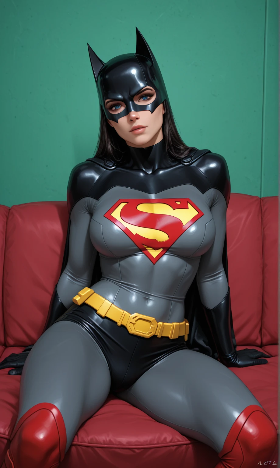 8k wallpaper of Solo DCEU Supergirl, her suit is shining like latex, Laying over bed indoors bedroom showing her Booty