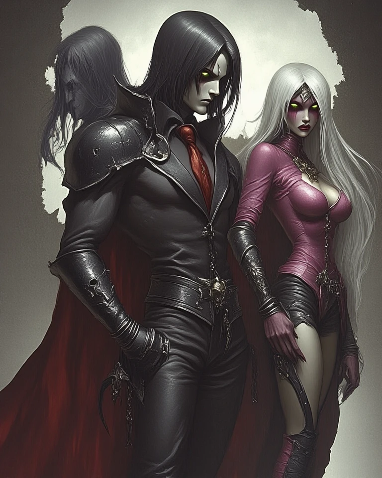 araffes com um homem e duas mulheres posando para uma foto, definir foto fantasiada, com capa, vestido com uma linda capa vermelha, fantasia de bruxa escarlate, artgerm e greg rutkowski, por Bernie D’Andrea, Greg Rutkowksi e Artgerm, carmilla vampira, o Munster ao fundo, donzela e tolo e velha