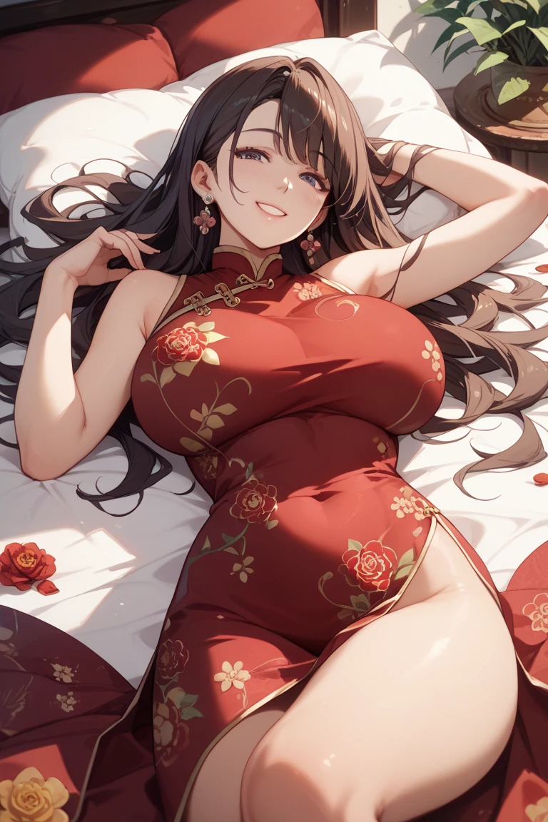 (masterpiece, best quality:1.2), solo,(1 female,wearing nude cheongsam),sweating skin,shiny skin,(Open pose:1.7),(Dark skin),(lying on a lux bed:1.7),(Her hands behind her head:1.7)