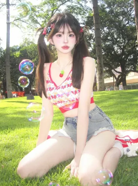 garota araffe sentada na grama com bolhas no cabelo, e 2K Cutecore Clowncore, Ulzzang, linda Delphine, wearing two - piece swimsuit, young skinny gravure idol, young pretty gravure idol, Sakimichan, oficial, young gravure idol, fofo, realistic young gravure idol, rabo de porco colorido