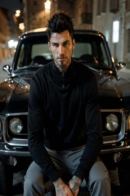 Arafed Man Sitting in a black Car Whith black T-shirt 
