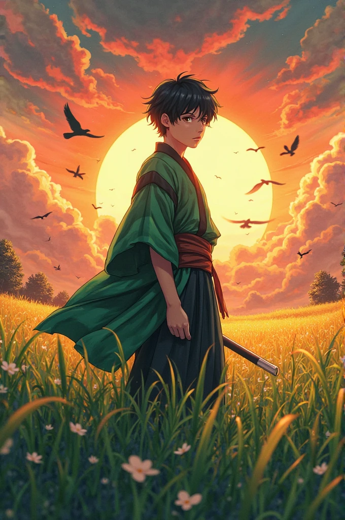 A young anime warrior with short black hair, wearing a green and black checkered haori, standing in a vibrant field of tall grass at sunset. A large, glowing red sun dominates the sky, casting a warm, cinematic glow. Flocks of birds fly across the colorful, cloud-streaked sky. The scene is highly detailed, with lush, dynamic grass and a sense of movement. Anime style, vibrant colors, cinematic lighting, ultra-detailed, epic atmosphere.