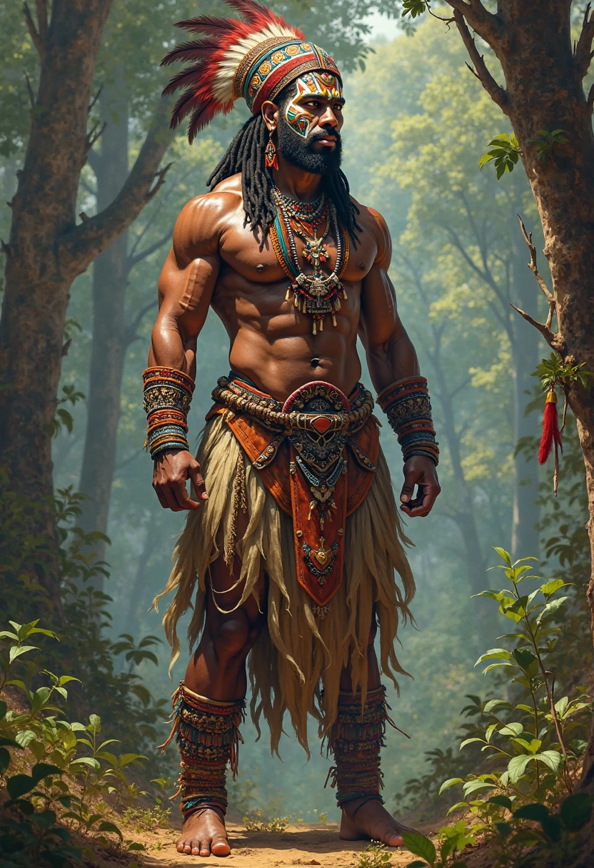 A melenasian chief with tattoos on his body and dreadlocks on his head, wearing a necklace with a pigs tusk on it,standing over a bloody dead body, holding a spear on his right hand and holding a wooden club with shark teeth as saw blades on the other hand