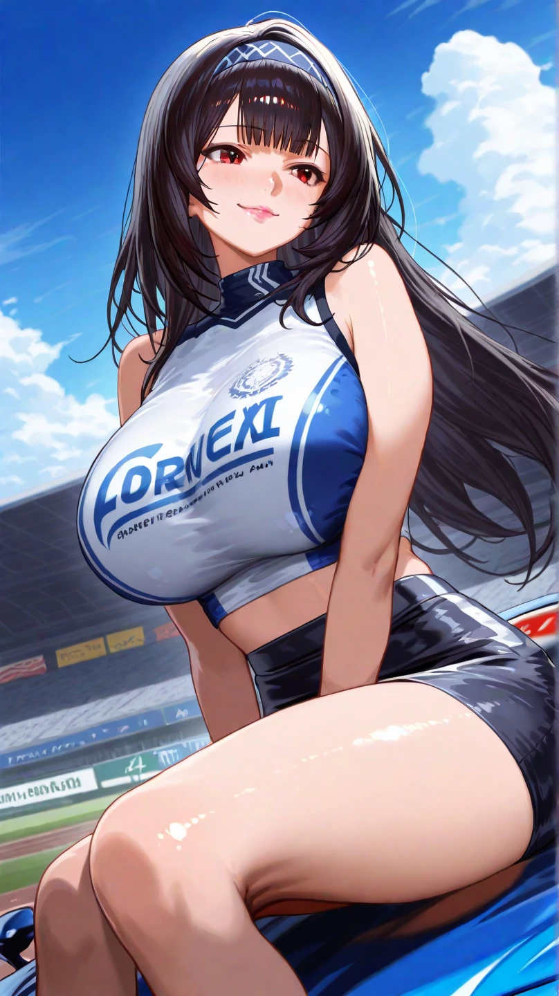 Ultra-high resolution, 1 Girl, 18 years old, (Idols:1.4), (Famous actresses :1.4), (Beautiful detailed face:1), Bangs, (Multicolor floating hair), Skin Dentition, Light makeup, (Beautiful big breasts:1.3), (Sparkling Skin:1.1), Shiny skin, Long limbs, Slim, Hanging breasts:1.3, Narrow waist, Medium Hips, Slim legs, Slim太もも, Dynamic Lighting, Sexually suggestive faces, Glossy texture, Lipstick, V-shaped eyebrows, V Line Jaw, Looking at the Viewer, (Long Hair:1.3), (Perfect Face:1.4), ((Strong winds)), Flowing hair, audience, (A shy smile:1.3), blue sky, (((Monte Carlo Street Circuit))), (((Racing Car))), (((Racing Bike))), ((Promotion Girl:1.3)), ((Grid Girls:1)), Pink Lips, Light makeup, (Detailed promotional costumes are intricately worn:1.10), Lace-up boots, Short sleeves, Cropped tops, ((Short jacket:1)), (Tube Top Bra:1), Knee-high, (((Nylon short-sleeve jacket with many logos))), (Glitter long nylon pleated skirt with logo), Small Ass, ((Promotional wear with logo:1.3)), (((Shiny silver and metallic blue glitter promotional wear))), Fingerless gloves, Black Hair, Brown hair, Red Hair, Blue Eyes, Walking, audience,
