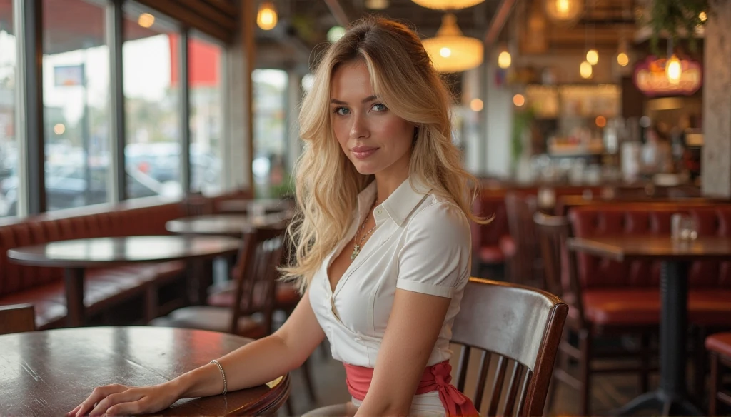 realistic, cheveux blond, queue de cheval, se maquiller, Timide, profondeur de champ, Glowing light, UHD, retina, chef-d'Ouvrages d'art, textured skin, great detail, High quality, high details, best quality, prime, high resolution. Une photo d'une fille ukrainienne sexy assise dans une gare, porter un uniforme de bureau sexy. En regardant le spectateur. Exposed neckline.