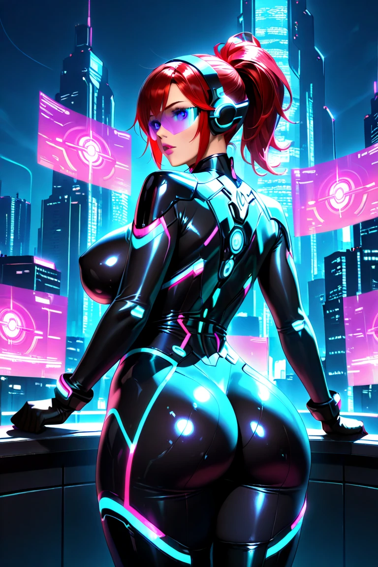 red haired woman, futuristic outfit,  , wide , big , intricate facial features, elegant posture, alluring expression, confident gaze, glowing cybernetic implants, neon-lit cityscape background, future fashion,future visor sungles, advanced holographic displays, sleek metallic textures, dramatic high-contrast lighting, cinematic sci-fi style, digital painting, 8K, ultra-detailed, photorealistic, HDR, deep vibrant colors, neon palette