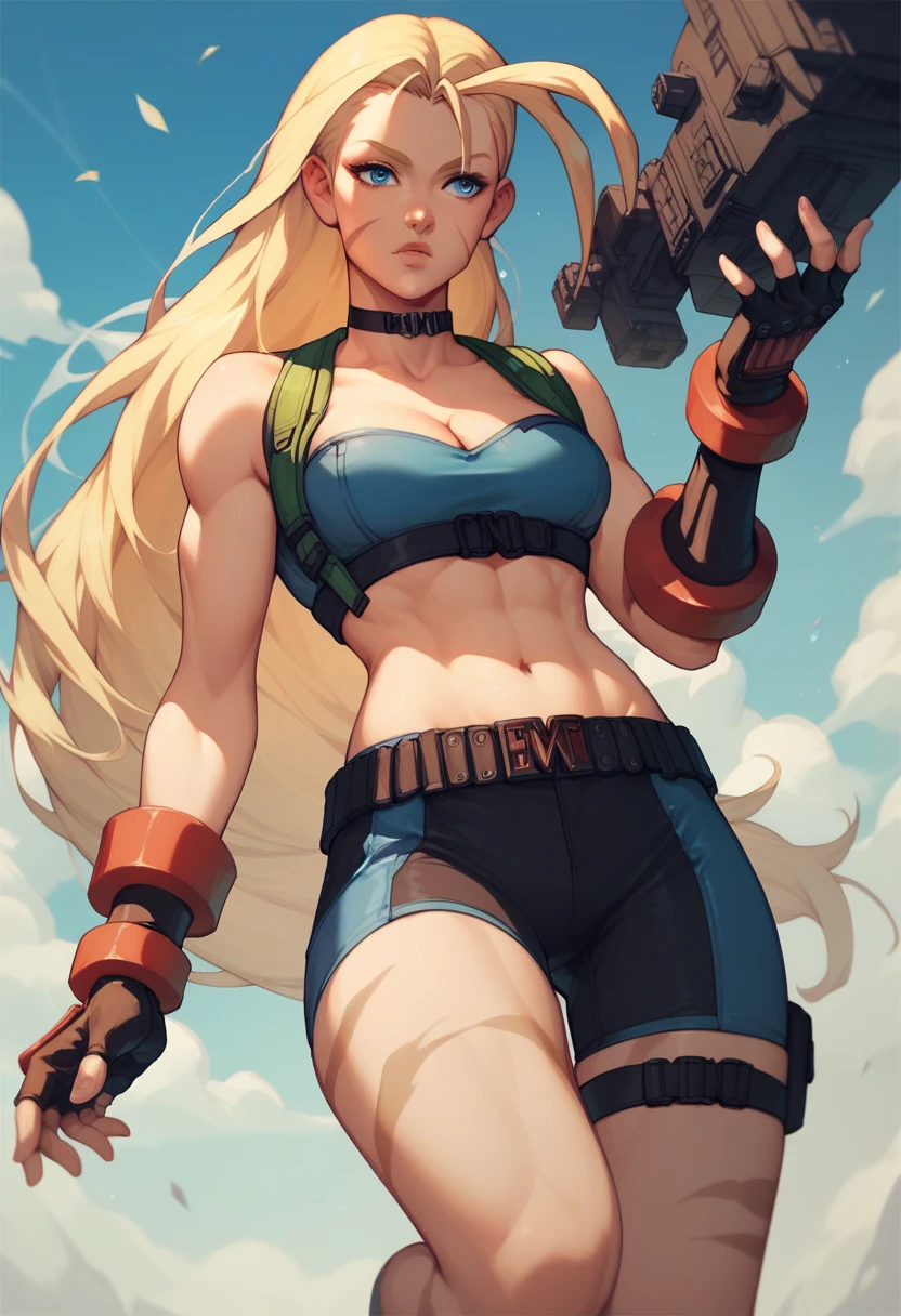 1 boy, solo, 1 boy, solo, solo, masterpiece, best quality, 18 years old, link, elf, tan skin, long blonde hair, blue eyes, eye shadow, lipstick, crop top, mini skirt, thigh highs, kneeling,