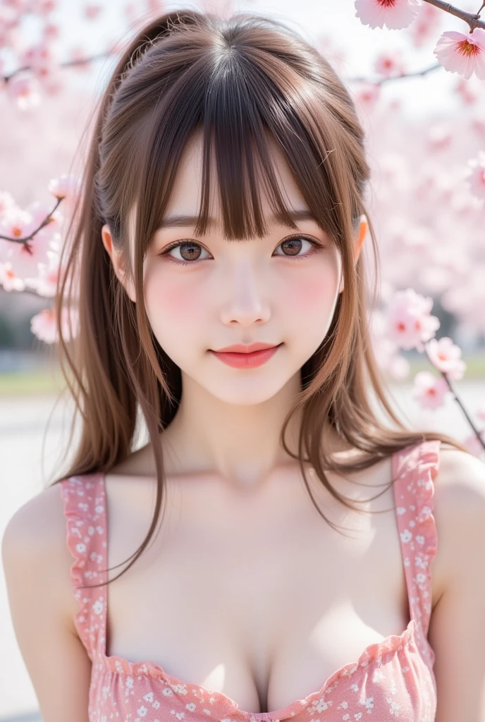 masterpiece, highest quality, 16K,enlightenment, Sax Blue, platinum earrings, platinum necklace, white dress, 1 girl, cute, (dynamic lighting:1.2), cinematic lighting, delicate features, detailed eye, sharp pupils, realistic student, in the forest, Bokeh, sharp focus, (super detailed, bloom, shine:1.4), brown eyes、brown hair、she is a tree fairy、forest background、in the forest、headband、ponytail、
