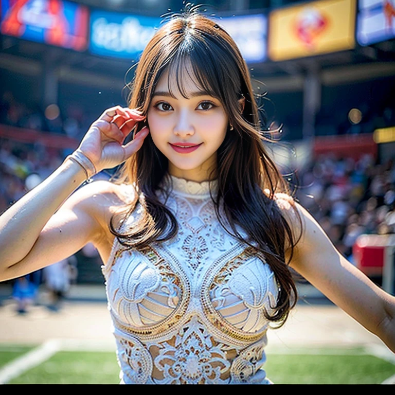 (Ultra-high resolution, masterpiece, Anatomically correct, Textured skin, Super Detail, Highest quality, 16K, Front light:1.2, bloom, Perfect dynamic composition), (24-years-old, Cute and sexy rhythmic sports gymnast), (Symmetrical face, Sexy Face, Round face, Distant eyes, Eyes that feel erotic, Gentle eyelids, Thin eyebrows:1.4, Gentle corner of the eye, Captivating smile:1.4, Sparkly Makeup:1.4, eyeliner, eye shadow, mascara, Lip gloss), (Totally captivates you), (A taste of beautiful eroticism), (Too cute beauty), (Light blonde hair, Long Hair, Curly Hair, bangs, Smooth Hair), ((Kyoko Fukada)), ((Tight rhythmic sports gymnastics leotards:1.4)), ((Upper Body)), (Rhythmic sports gymnastics poses:1.4), (Looking at the camera:1.4), ((Glamorous figure:1.4, Ample breasts, Cleavage, Tight waist, Sexy curves, Big Ass)), ((Rhythmic sports gymnastics venue, gym, Olympic Venues, Large crowd, a lot of people々))