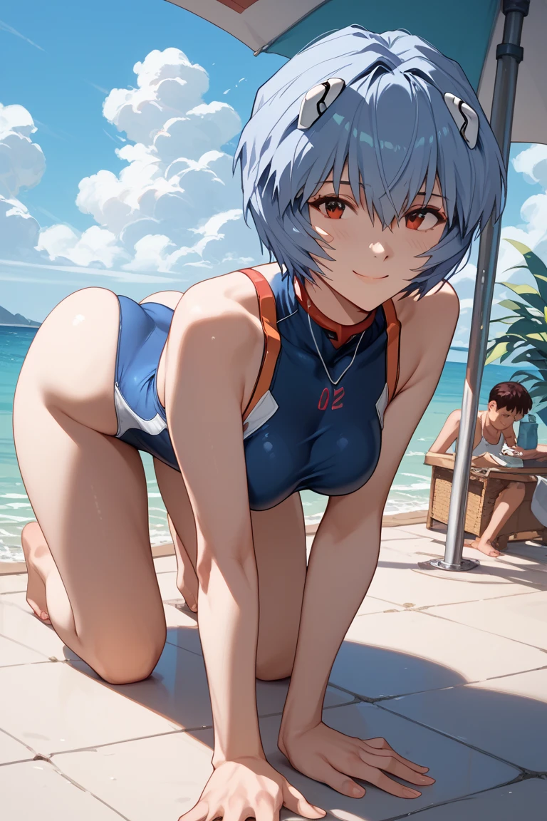 score_9, score_8_up, score_7_up, score_6_up, score_5_up, score_4_up, (source_anime), 1girl, neon genesis evangellion,( rei ayanami, small breasts, big Thighs), far, full body, Swimming pool ,Revealing the breasts, Swimsuit, Wet, school, anus
