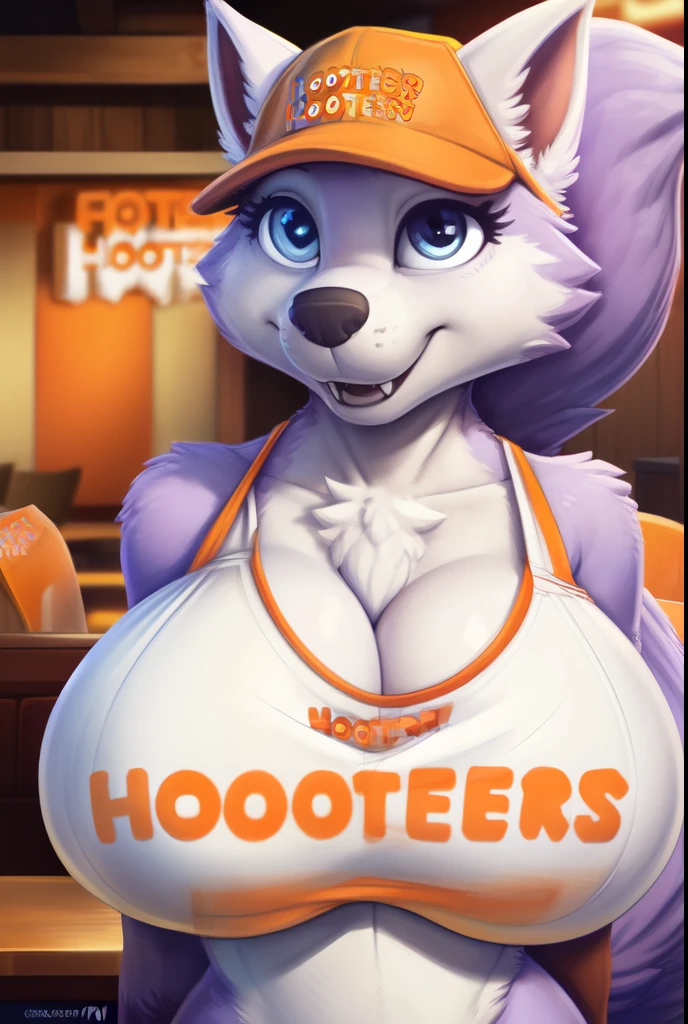 Everest, ((Paw Patrol)), ((female solo)), domestic dog, female, adult female, (blue eyes:1.35), (lavender fur:1.35), ((lavender body)), (wearing Hooters outfit:1.45), (wearing Hooters cap:1.45), ((sharp teeths)), ((large fangs)), blue eyes, (Shiny eyes:1.6), ((Pixar eyes)), perfect eyes, ((glowing eyes)), (hyper realistic:1.65), long fluffy tail, very large tail, tail up, very furry and fluffy, ((very large fangs)), perfect ligthing, (restaurant background:1.25), ((many hearts all over the screen)), (front view:1.25), ((seductive break)), ((spread legs)), spread legs, (rajii:1.1) (dimwitdog:1.1), (thesecretcave:1.25), (cooliehigh:1.1), (miles-df:1.1), (complextree:1.1), (pixelsketcher:1.1), (foxovh:1.1), (zaush:1.1), (avante92:0.70), (meesh:1.1), (inu-sama:0.80), (cervina7:1.1), (F-R95:0.70), (R-mk:1.1), (xpray:1.1), (standing tall:1.65), (large fluffy tail:1.65), (close up to face:1.15), (in love expression:1.45), (hyper breasts:1.15), (anthropomorphic:1.45), (hyper breasts:1.25), Hooters, (working at Hooters:1.25)