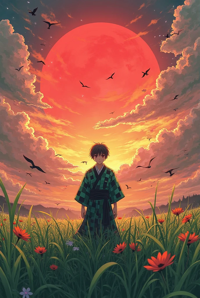 ((best quality)), A young anime warrior with short black hair, wearing a green and black checkered haori, standing in a vibrant field of tall grass at sunset. A large, glowing red sun dominates the sky, casting a warm, cinematic glow. Flocks of birds fly across the colorful, cloud-streaked sky. The scene is highly detailed, with lush, dynamic grass and a sense of movement. Anime style, vibrant colors, cinematic lighting, ultra-detailed, epic atmosphere. ((masterpiece))
