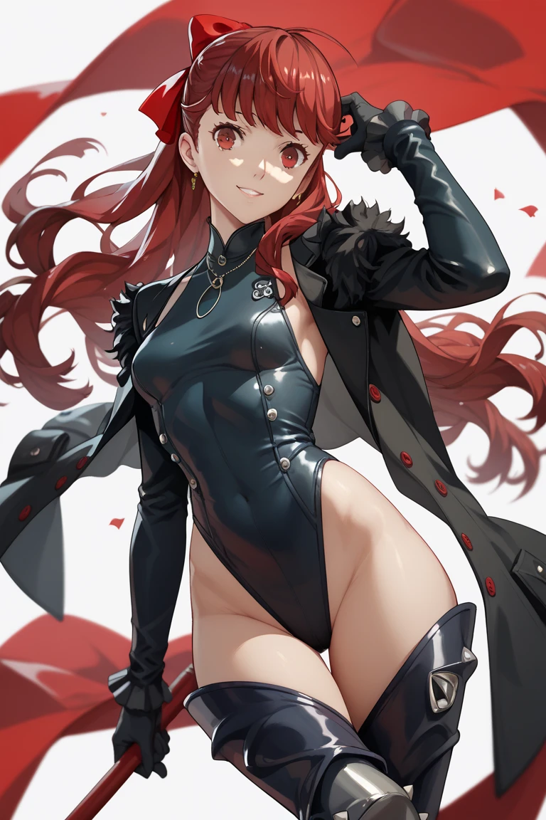 Persona 5 art style wlop, Persona 5 art style, character 5 style, Kasumi Yoshizawa, Girls in wear, whole body, high quality, 8k, open chest, ponytail, small breasts, Bangs, smooth thighs, Patsan, top quality, 8k, ultra high definition, beautiful eyes, Slender legs