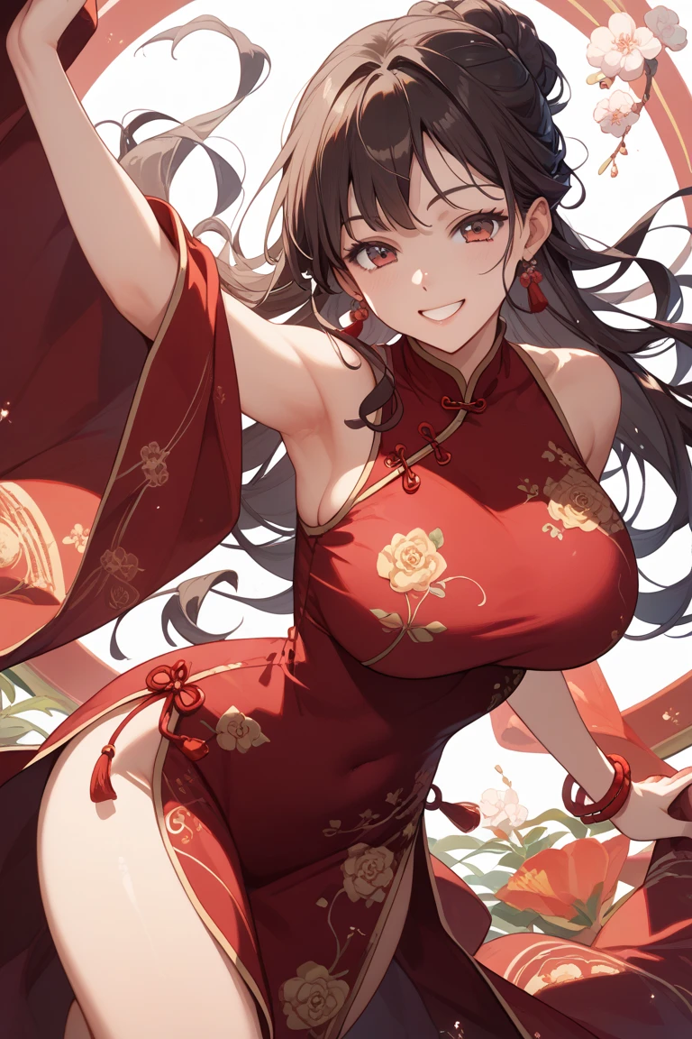 ((best quality)),((highly detailed)),masterpiece,absurdres,detailed face,beautiful face,(detailed eyes, deep eyes),1girl,((dynamic pose)), jabami yumeko, black hair, long hair, solo, red eyes, bow, large breasts, cowboy shot, chinese town, outdoors, seductive smile, looking at viewer, wearing red chinese dress, put your hands behind your head, armpits, armpits visible, sweaty armpits, ponytail