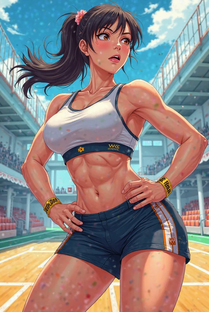 Masterpiece, super high quality, super detail, perfect drawing, solo, girl, softball club, softball wear, hot pants, (elbow supporter), helmet, back figure, (muscular buttocks), squatting in the next batter's circle, hands on a standing bat, butt thrusting pose, (bulging bust top), blush, sweat, tanned skin: (1.5), serious gaze, 18 years old, stadium, summer sky, cumulonimbus, shot from diagonally behind, bust up, see-through, panty line,