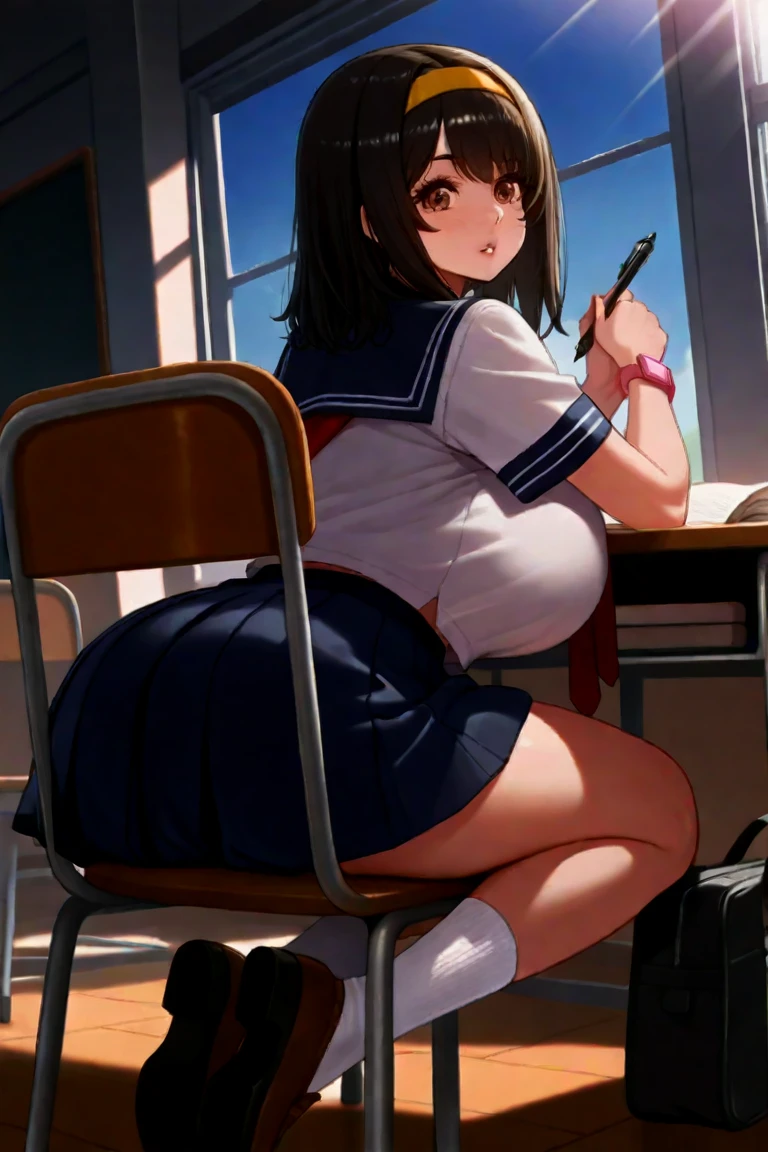 (masterpiece), (1 serious public discipline chairman: 1.3), (super thick and plump body: 1.3), (huge breasts and butt)), (small head: 1.2), (extremely small uniform)), (shiny skin: 1.2), (speech while crouching on the schoolyard morning stand))