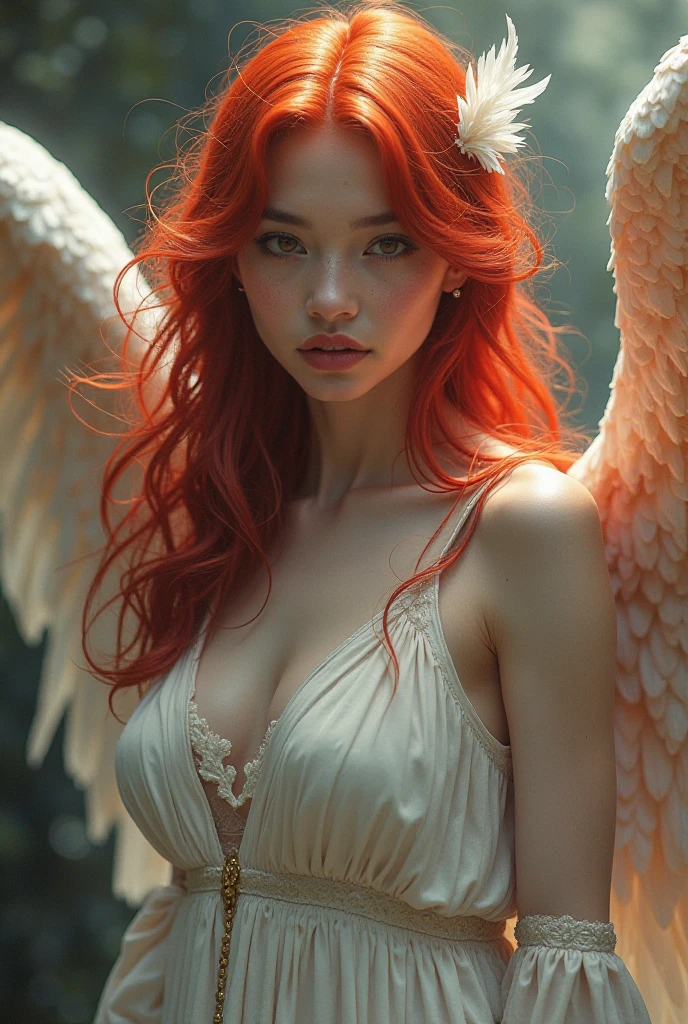 (photorealism:1.2), rousse, yeux bleu, , ailes d'ange, crop top et short