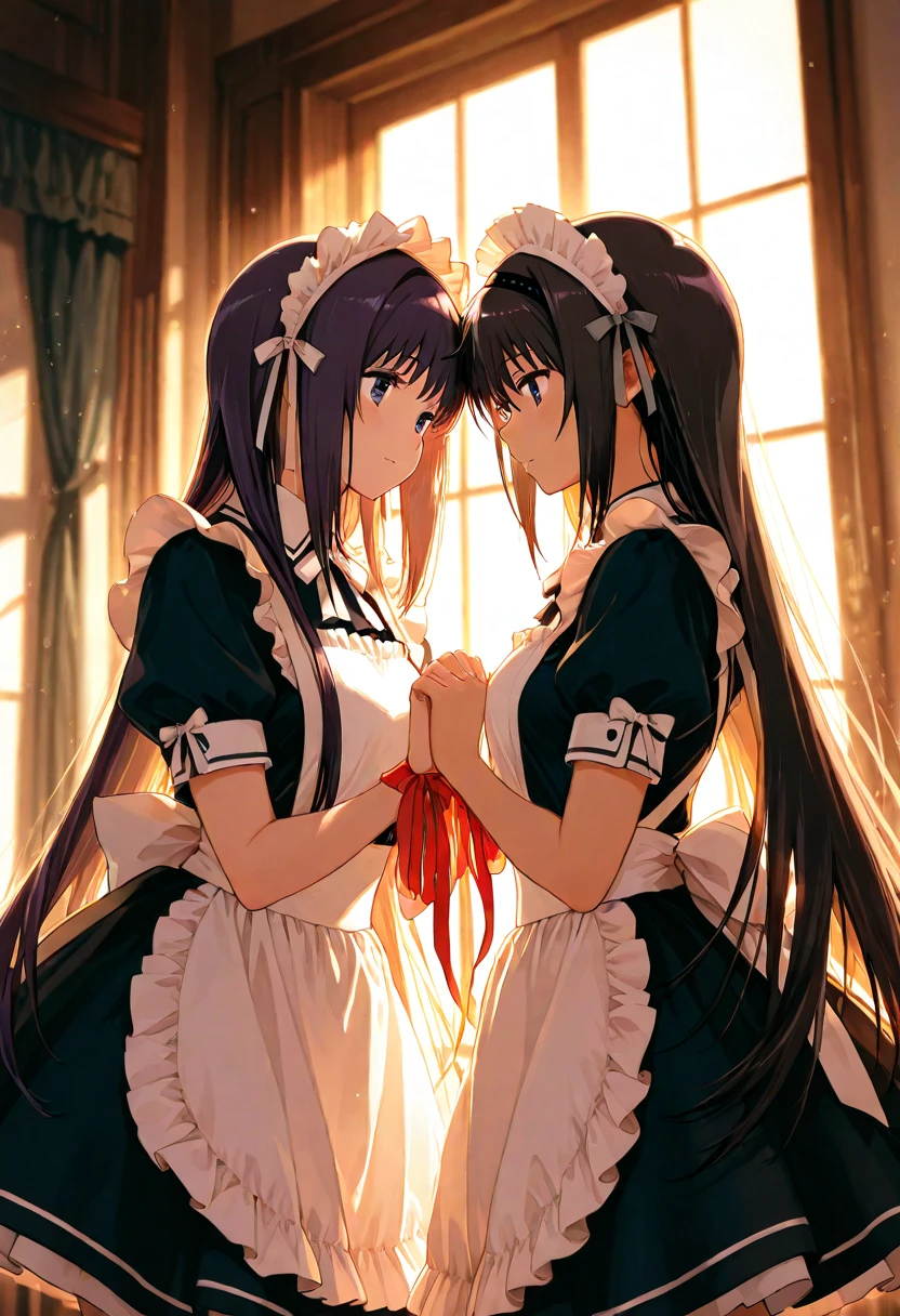 1girl, aster nemesis, dark-skinned female, black hair, very long hair, yellow eyes, flat chest , twin tails, looking at viewer, , , tanned body,open mouth,tongue, ,,,,smile,,(spoken heart),(((maid costume))),miniskirt,thighhighs,cowboy shot,mansion,(((Sex from side)))