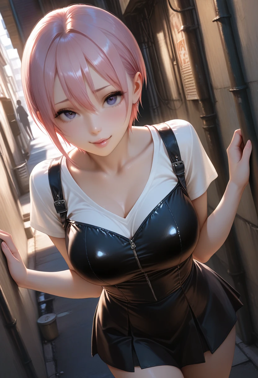 (Masterpiece, BestQuality:1.3), (ultra detailed:1.2), (hyperrealistic:1.3), (RAW photo:1.2), High detail RAW color photo, professional photograph, (Photorealistic:1.4), (realistic:1.4), (Pink Hair:1.5), professional lighting, perfect anatomy, (Big Breasts:1.2), (blush, detailed face), (A happy smile:1.7), Trending Hair&Trending Hairカラーをランダムに, earrings, necklace, bracelet, sexly, erotic sexly, Random sexy gravure poses, (Sexy woman in a black leather jacket and tight skirt、Factory Background、Cool gaze、short hair、Leaning on the machine。:1.3)