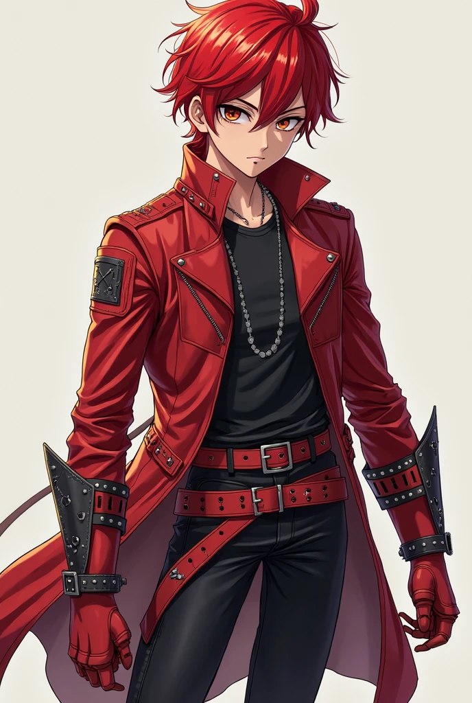 Boy, semi-short hair, two-tone red and black hair, tall, thin, red eyes, leather jacket, chains, earrings, A cool guy, Black and red, parted black and red hair, black and red leather jacket